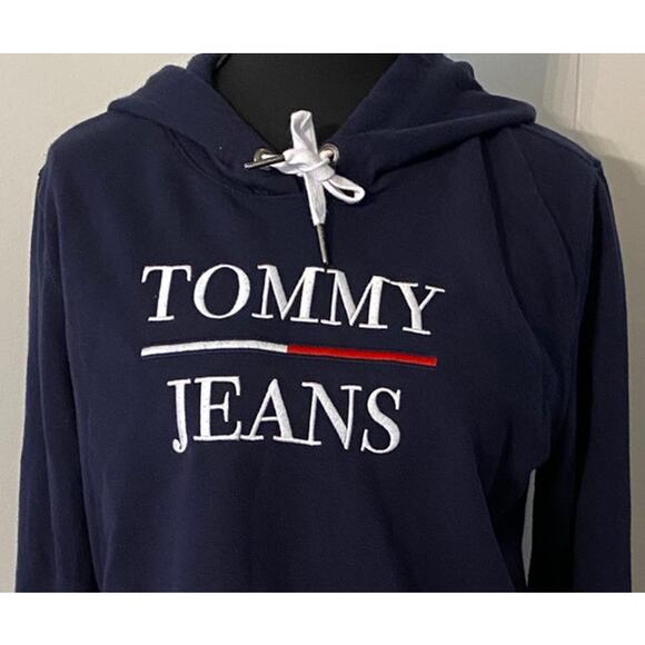 Tommy Jeans Womens Cropped Hoodie Navy Blue Pullover Logo Spellout Small Preppy - Picture 4 of 8